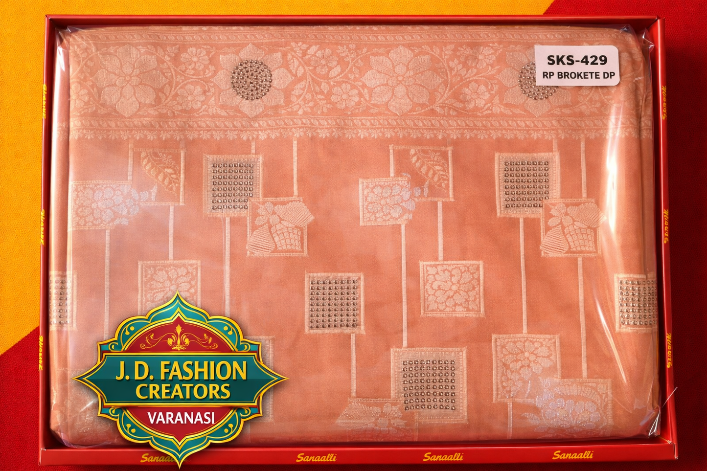 Elegant Soft Orange Brocade-Style Saree with Subtle Stone Work