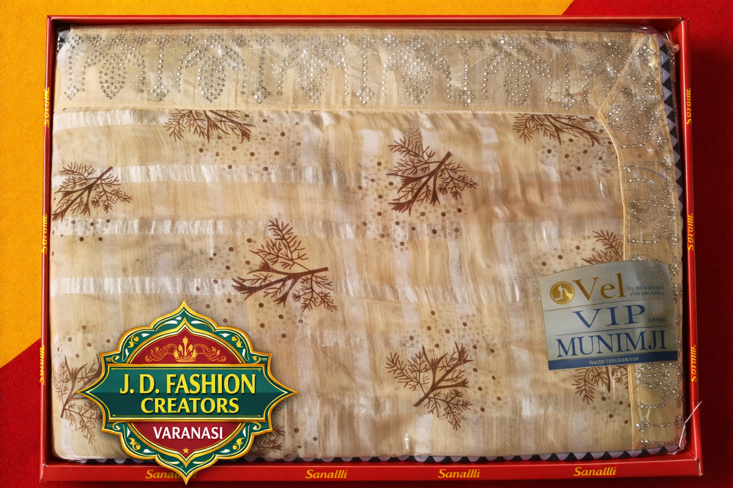 Elegant Beige Printed Saree with Subtle Stone Work