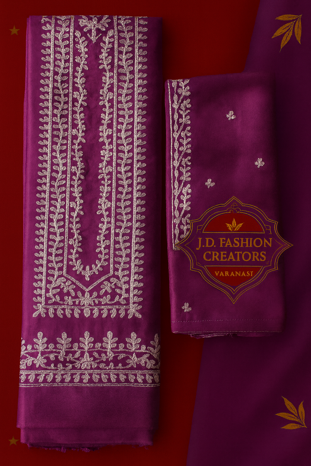 Magenta Wine Purple Unstitched Suit Set - 3 Piece with Silver Embroidery & Leaf Motifs