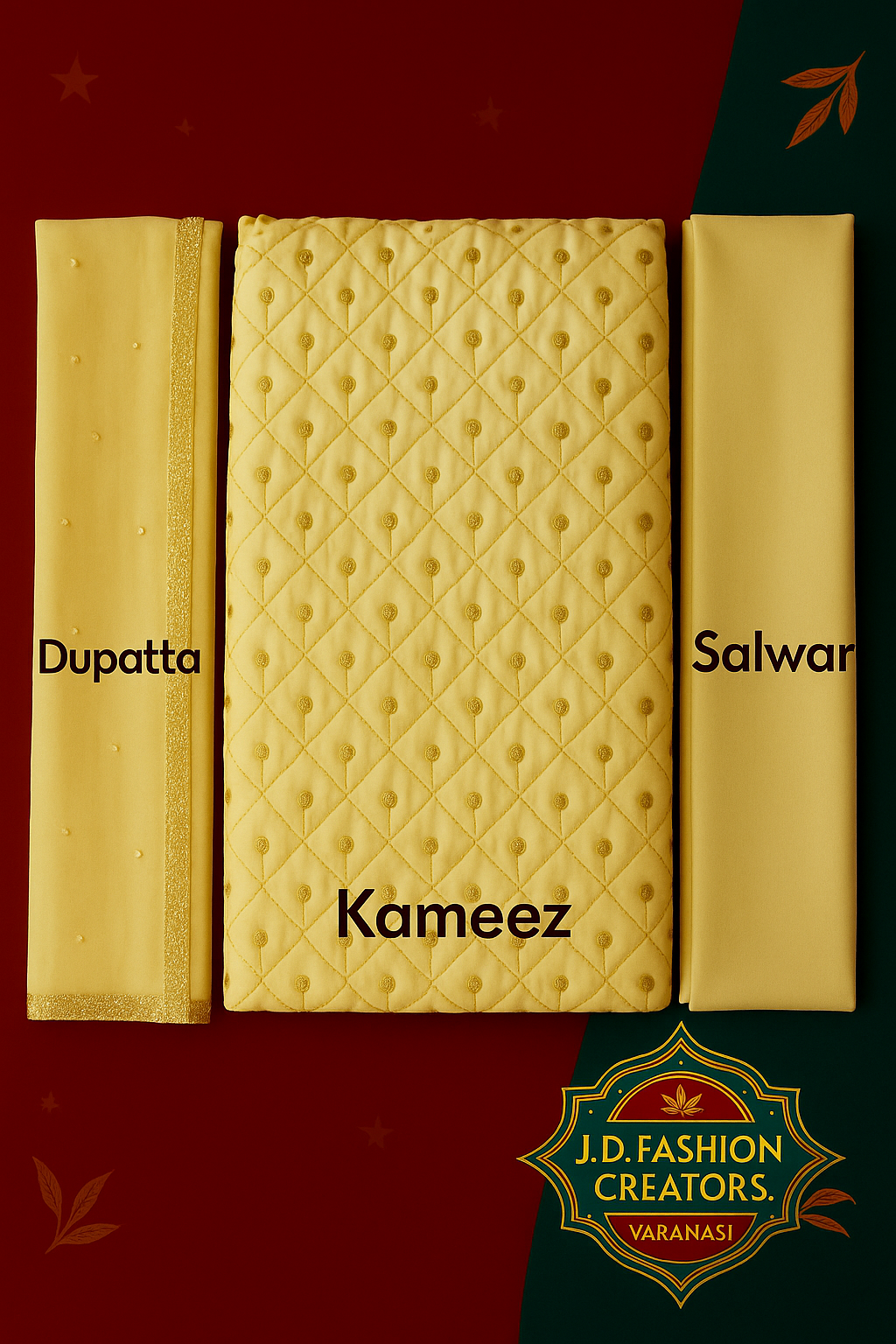 Golden Yellow Unstitched Suit Set - 3 Piece with Quilted Pattern & Embroidery