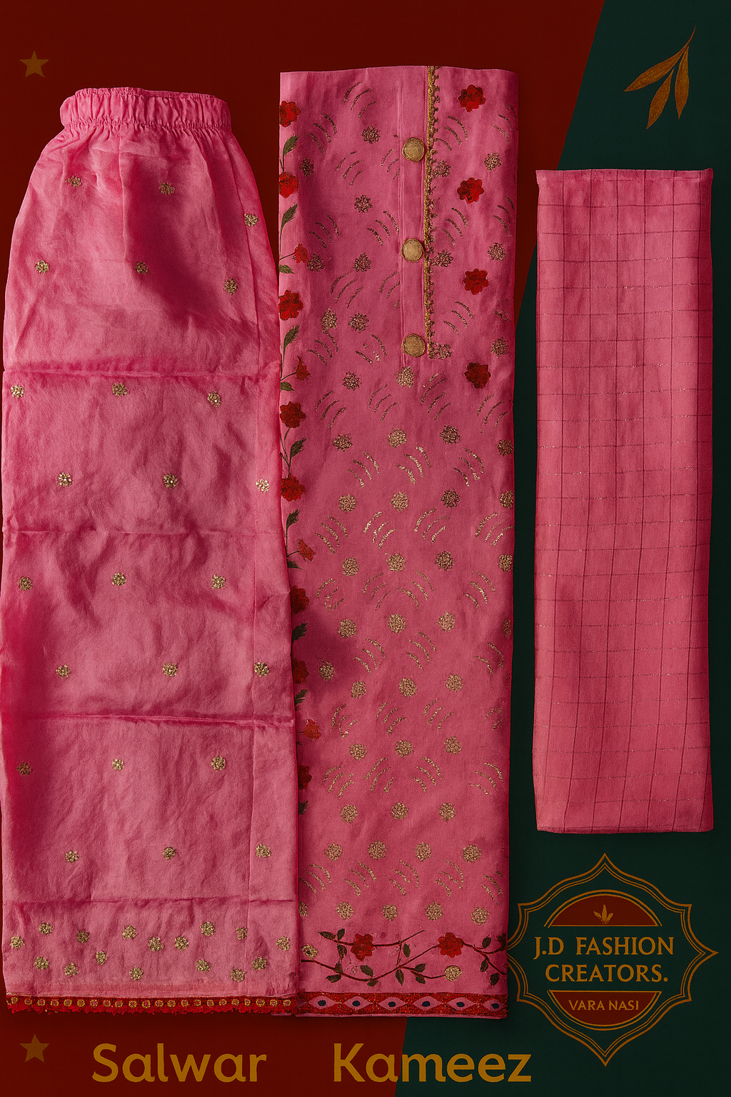 Pink Unstitched Suit Set - 3 Piece with Golden Embroidery & Floral Appliqué