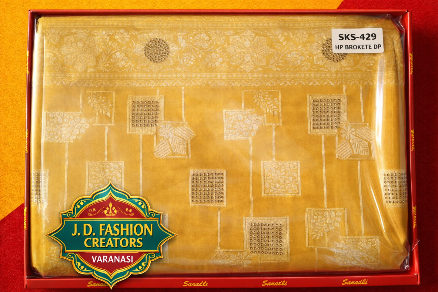 HP Brokete DP Saree - Golden Yellow Saree with Embroidered Patches & Stone Work (SKS-429)