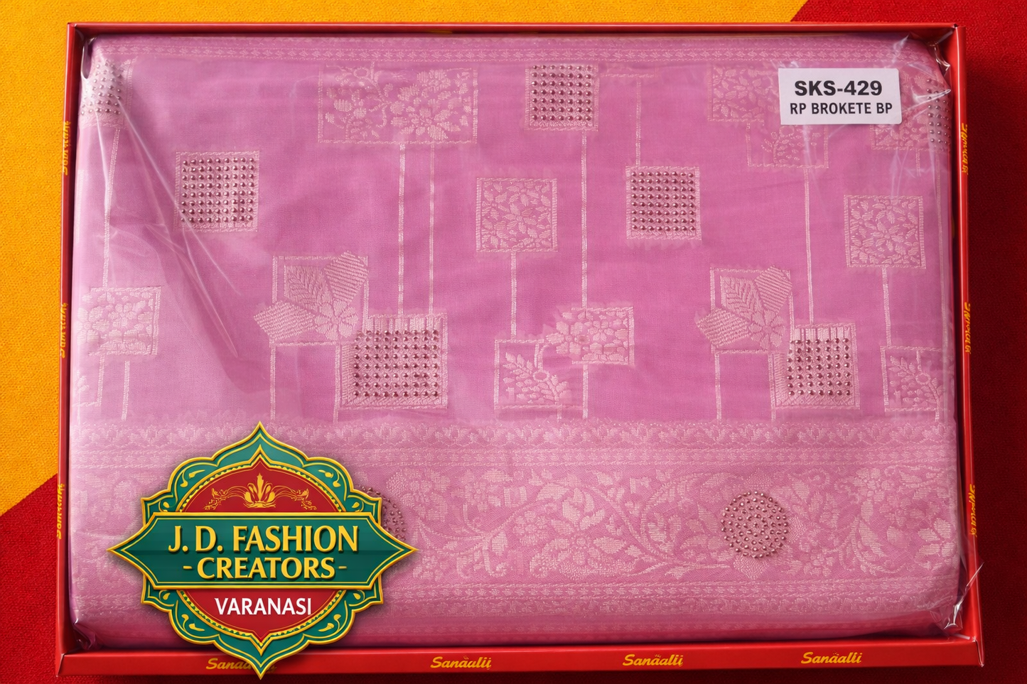 RP Brokete BP Saree - Pink Saree with Embroidered Patches & Stone Work (SKS-429)