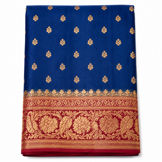 Royal Blue Banarasi Silk Saree with Zari Border & Contrast Blouse