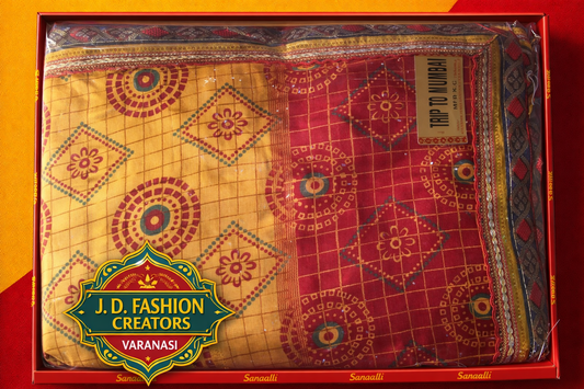 Elegant Yellow & Red Printed Saree with Traditional Motifs