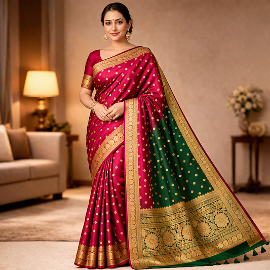 Pure Banarasi Silk Saree Crimson Red Green Pallu - model wearing full drape with gold zari butti