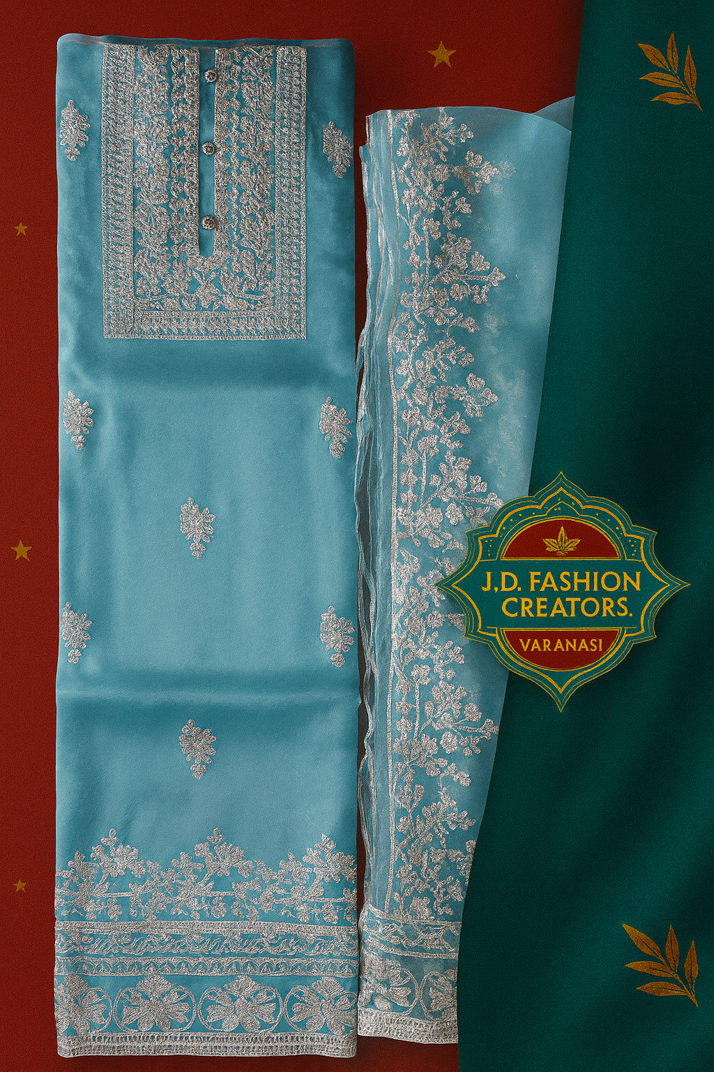 Sky Blue Turquoise Unstitched Suit Set - 3 Piece with Silver Embroidery & Floral Motifs