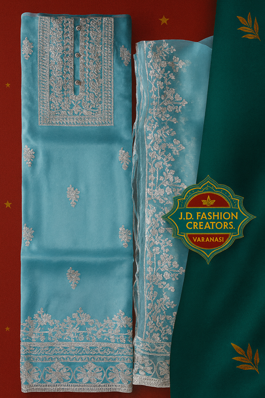 Sky Blue Turquoise Unstitched Suit Set - 3 Piece with Silver Embroidery & Floral Motifs