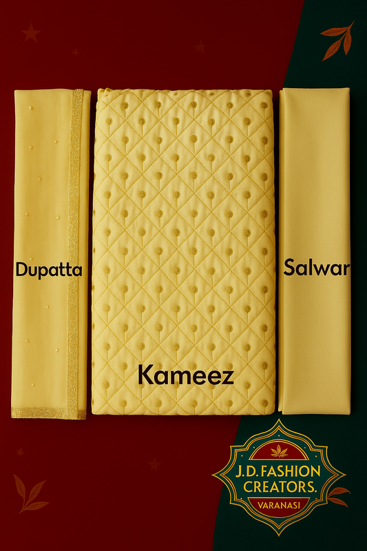 Golden Yellow Unstitched Suit Set - 3 Piece with Quilted Pattern & Embroidery