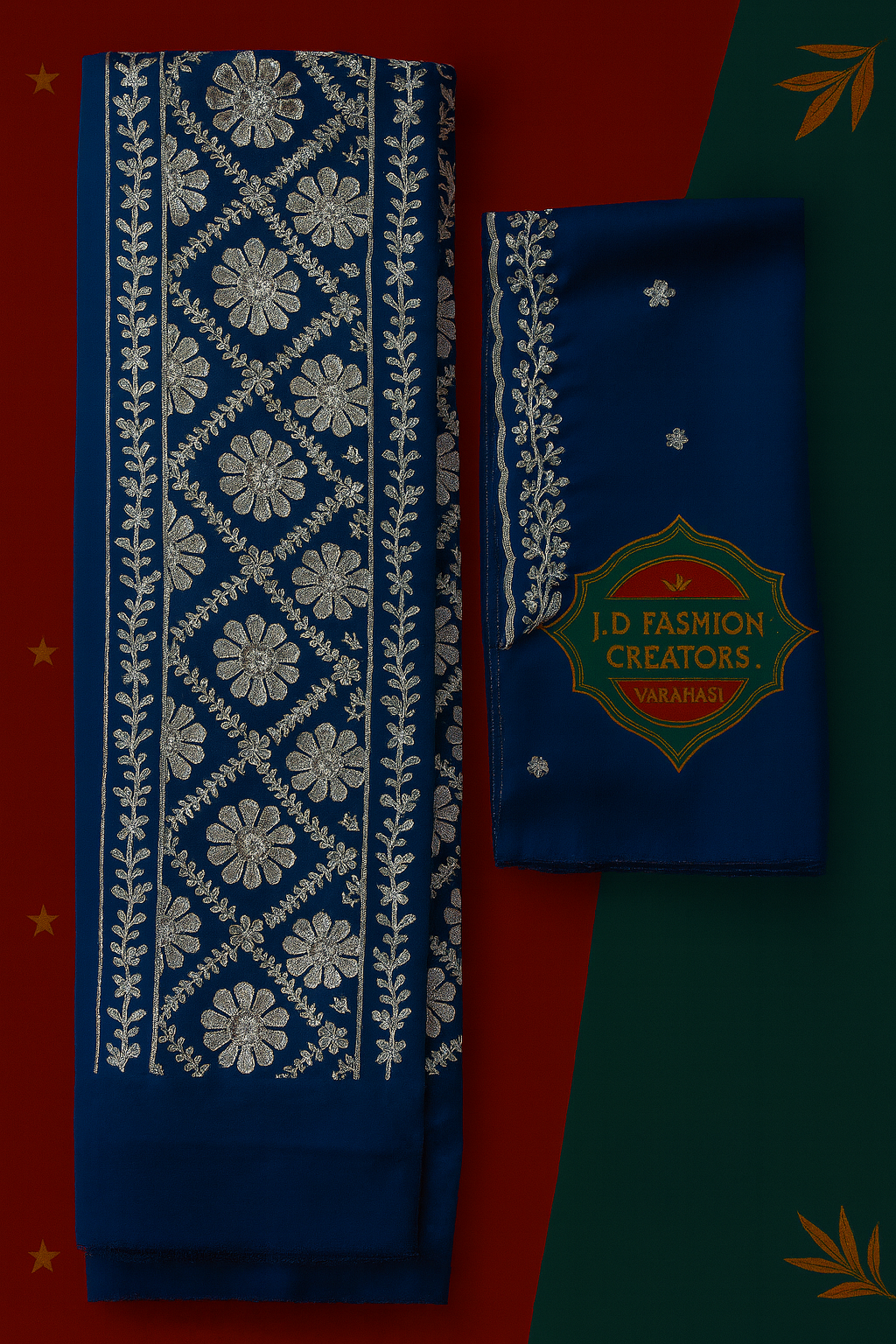 Navy Blue Unstitched Suit Set - 3 Piece with Silver Embroidery & Floral Work