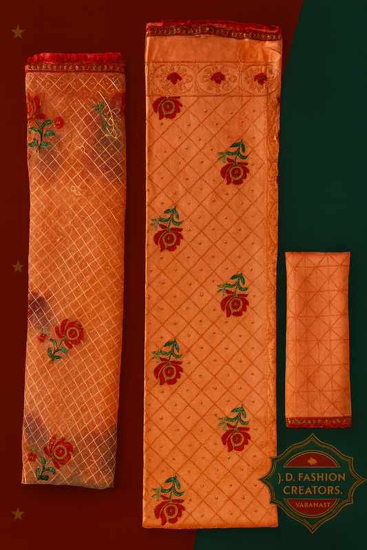 Orange Unstitched Suit Set - 3 Piece with Rose Embroidery & Golden Quilted Pattern