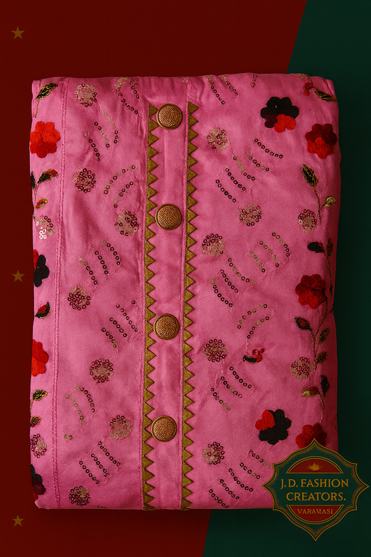Pink Unstitched Suit Set - 3 Piece with Golden Embroidery & Floral Appliqué