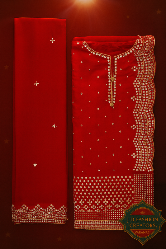 Red Unstitched Suit Set - 3 Piece with Golden Stone Work & Embroidery