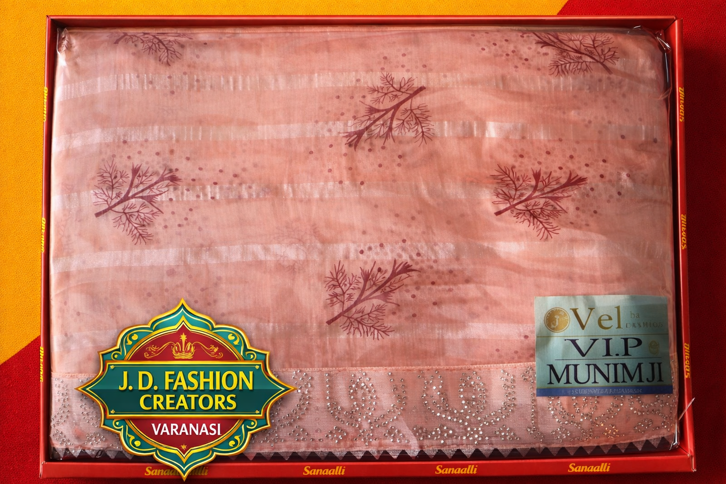 VIP Munimji Saree - Peach Pink Saree with Delicate Leaf Embroidery & Pearl Work