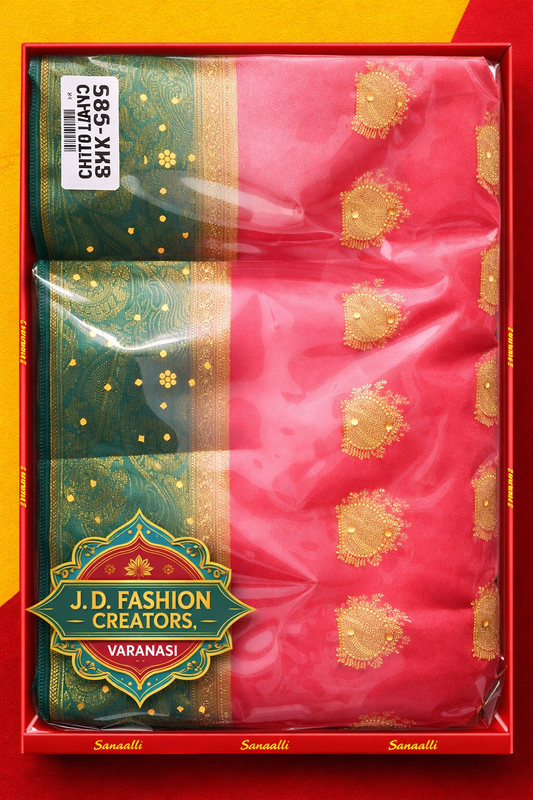 Chipallu Saree - Pink & Green Banarasi Saree with Rich Golden Pallu (585-XM3)