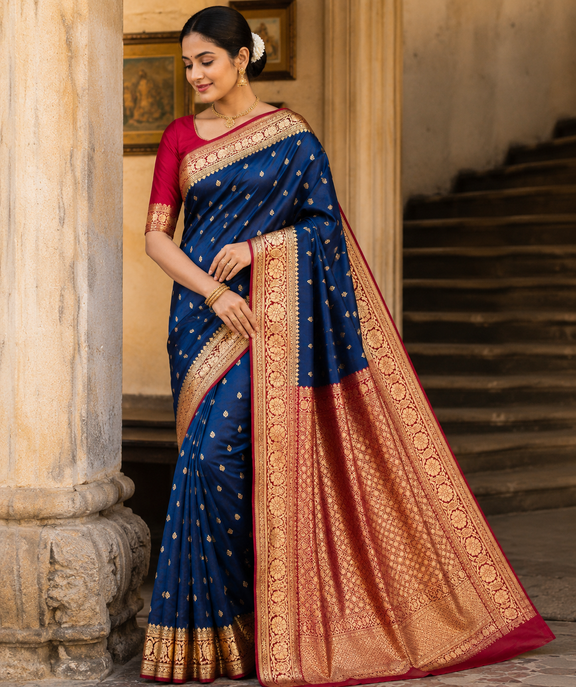 Royal Blue Banarasi Silk Saree with Zari Border & Contrast Blouse