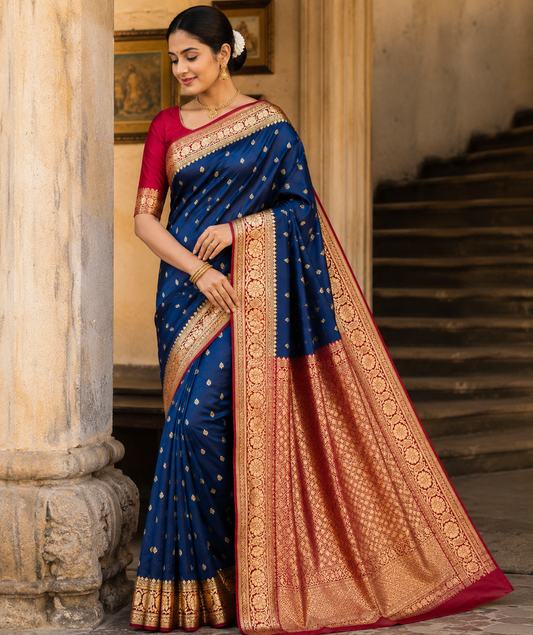 Royal Blue Banarasi Silk Saree with Zari Border & Contrast Blouse