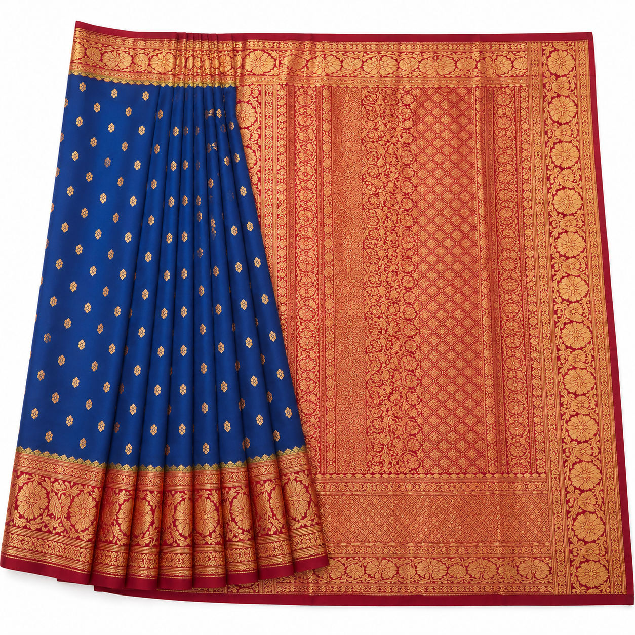 Royal Blue Banarasi Silk Saree with Zari Border & Contrast Blouse