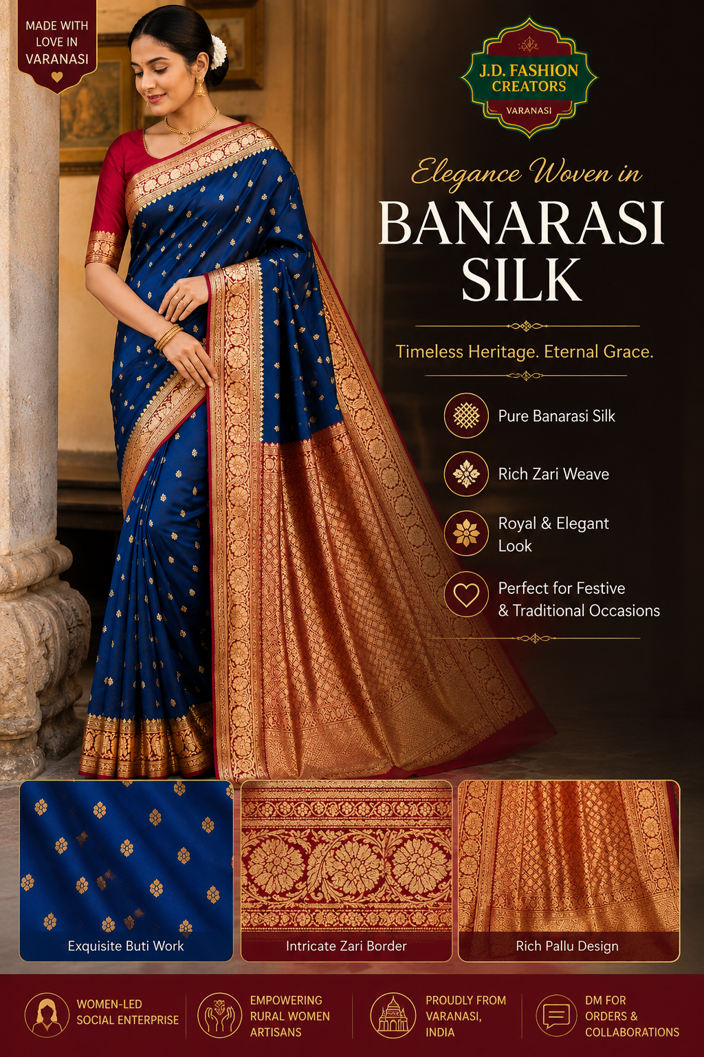 Royal Blue Banarasi Silk Saree with Zari Border & Contrast Blouse