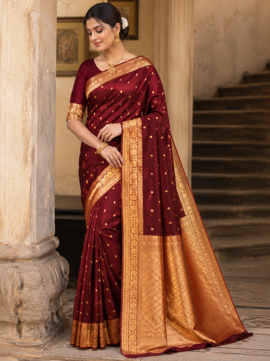 Pure Banarasi Silk Saree Maroon - Model wearing full drape with golden zari work