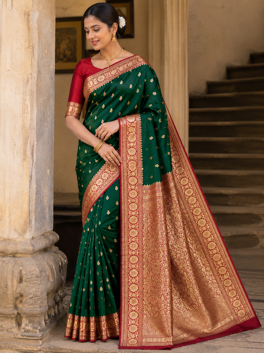Emerald Green Banarasi Pure Silk Saree with Heavy Gold Zari Border & Crimson Blouse