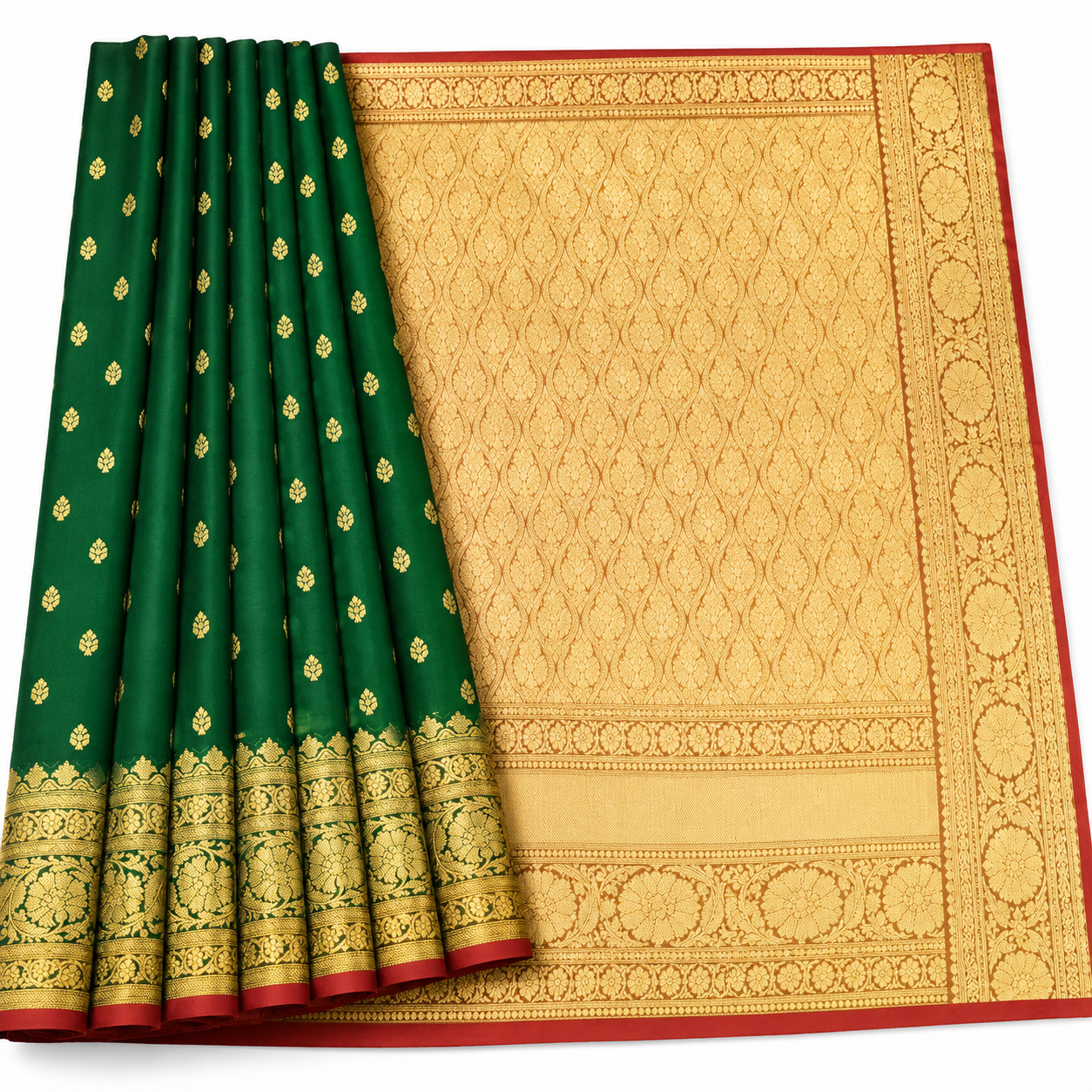 Emerald Green Banarasi Pure Silk Saree with Heavy Gold Zari Border & Crimson Blouse