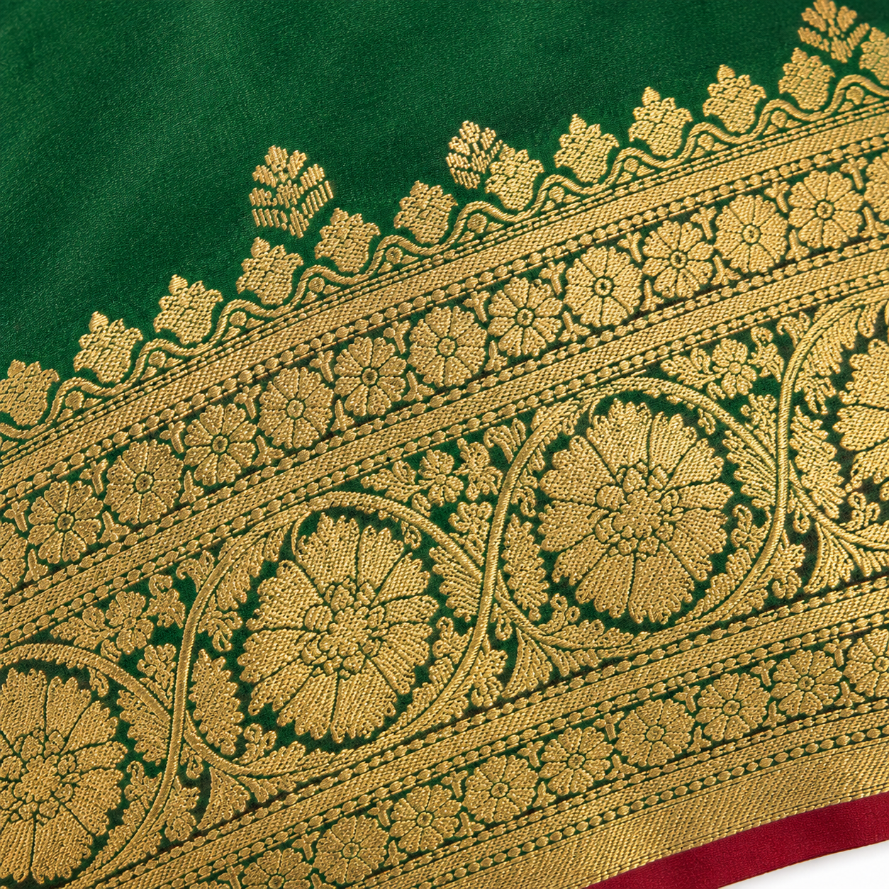 Emerald Green Banarasi Pure Silk Saree with Heavy Gold Zari Border & Crimson Blouse