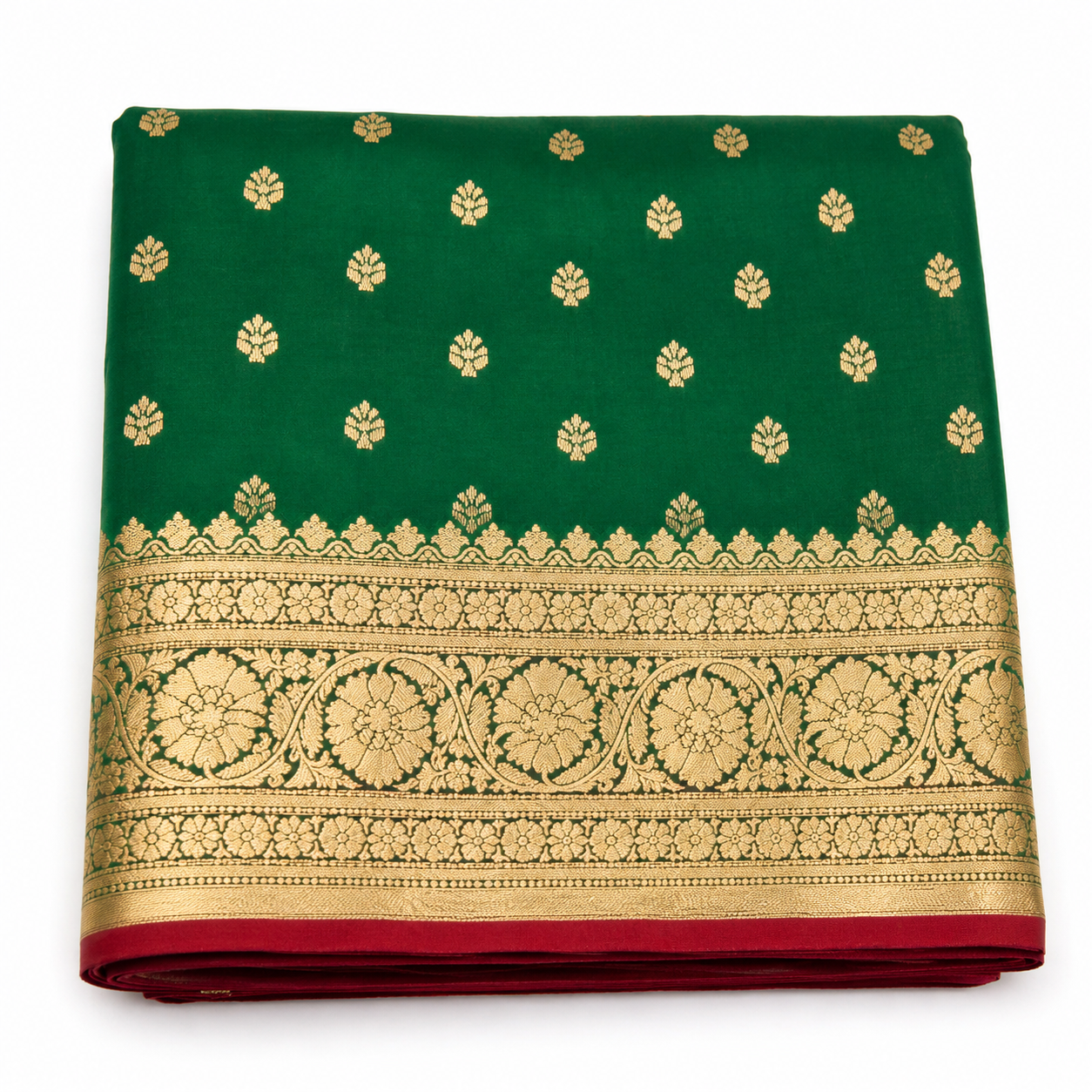Emerald Green Banarasi Pure Silk Saree with Heavy Gold Zari Border & Crimson Blouse