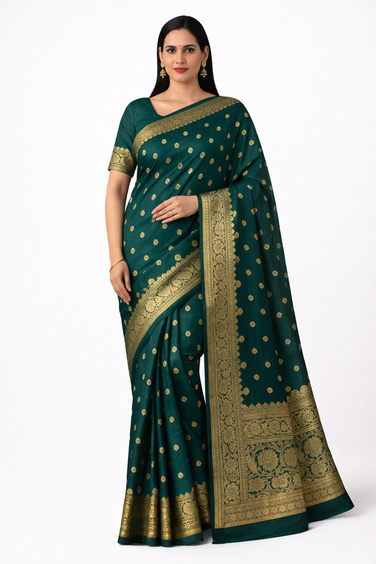 Pure Banarasi Silk Saree Emerald Green - model wearing full drape with golden zari butta and pallu